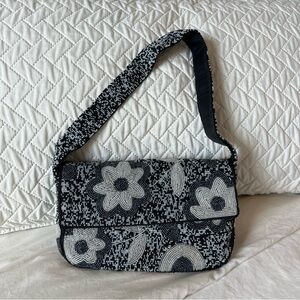 Vintage Y&S Original Fully Beaded Floral Print Shoulder Flap Bag Blue and White